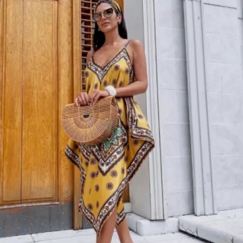 Zara Printed Satin Effect Scarf Dress Mustard NWT